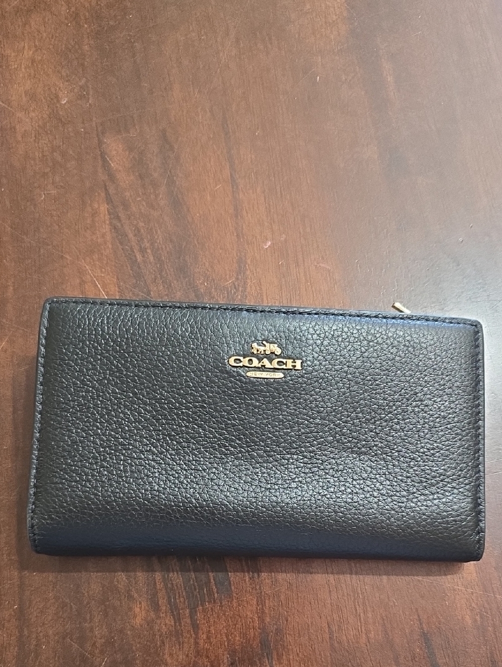 Coach Black Pebbled Leather Zip Around Wallet with Gold Logo